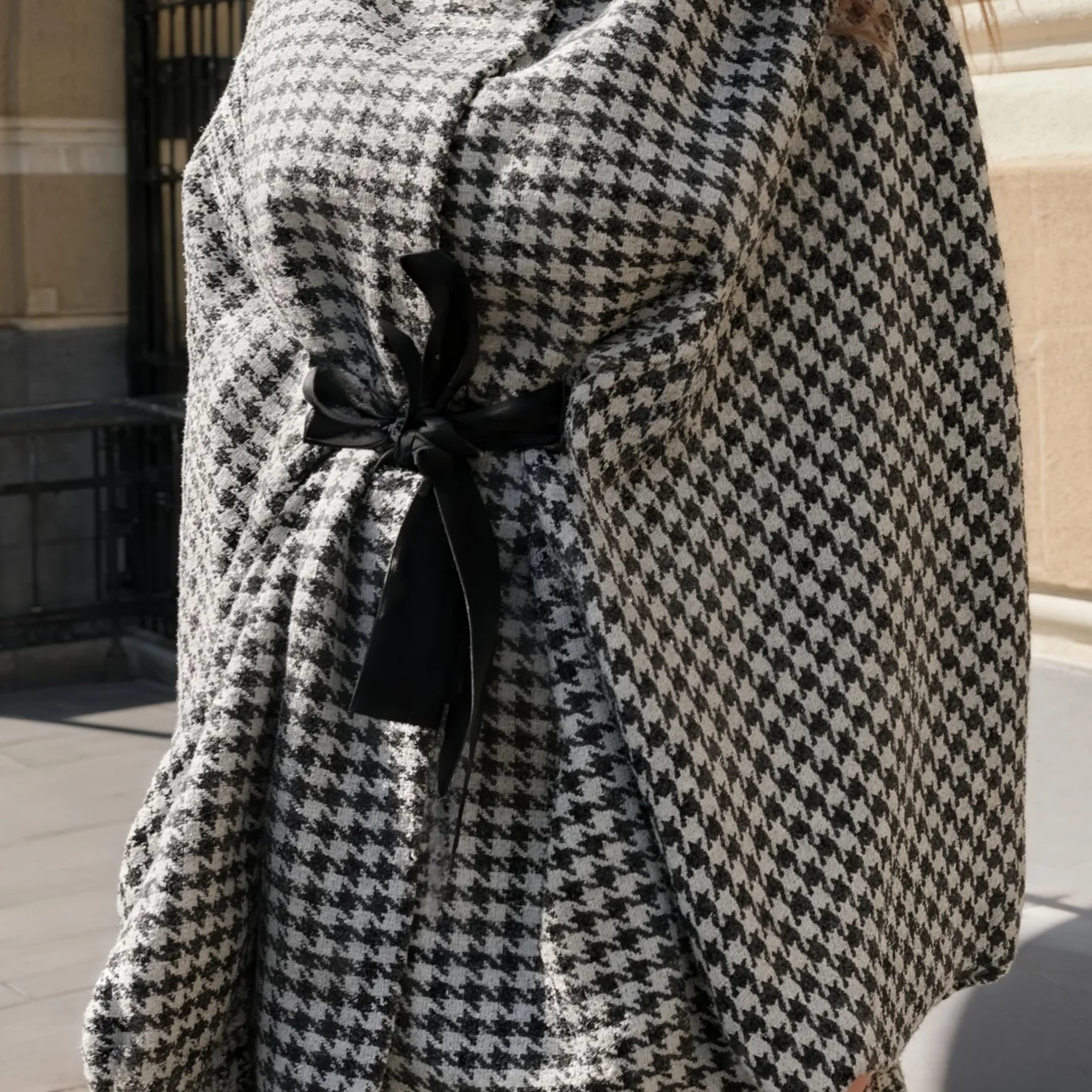 Houndstooth Tie Waist Trench Coat